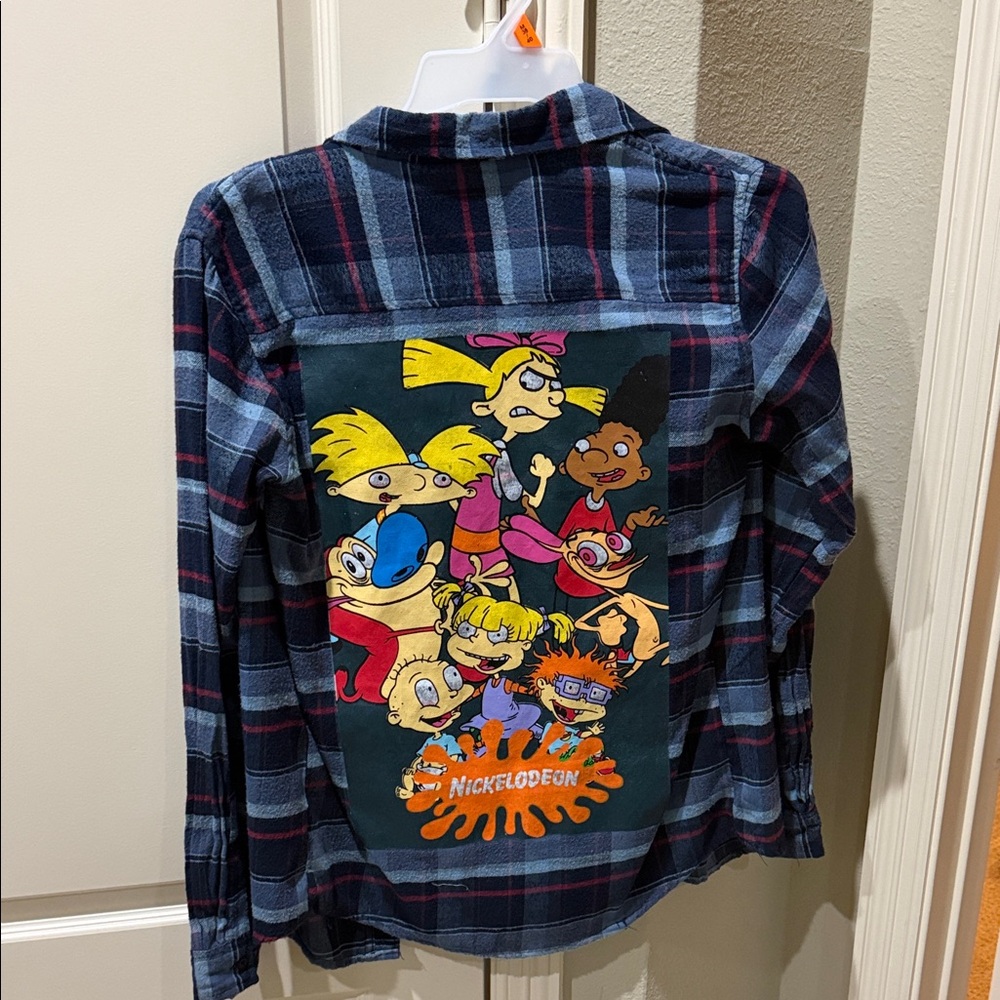 Nickelodeon Navy Blue Plaid Shirt with Colorful Rugrats Back Patch